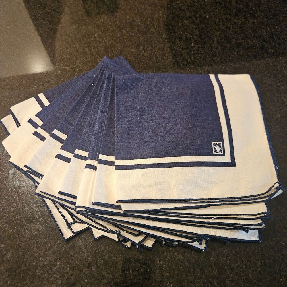 9 Anne Klein Linen Napkins Navy Blue & White VTG Lion Logo 16” Square Cotton